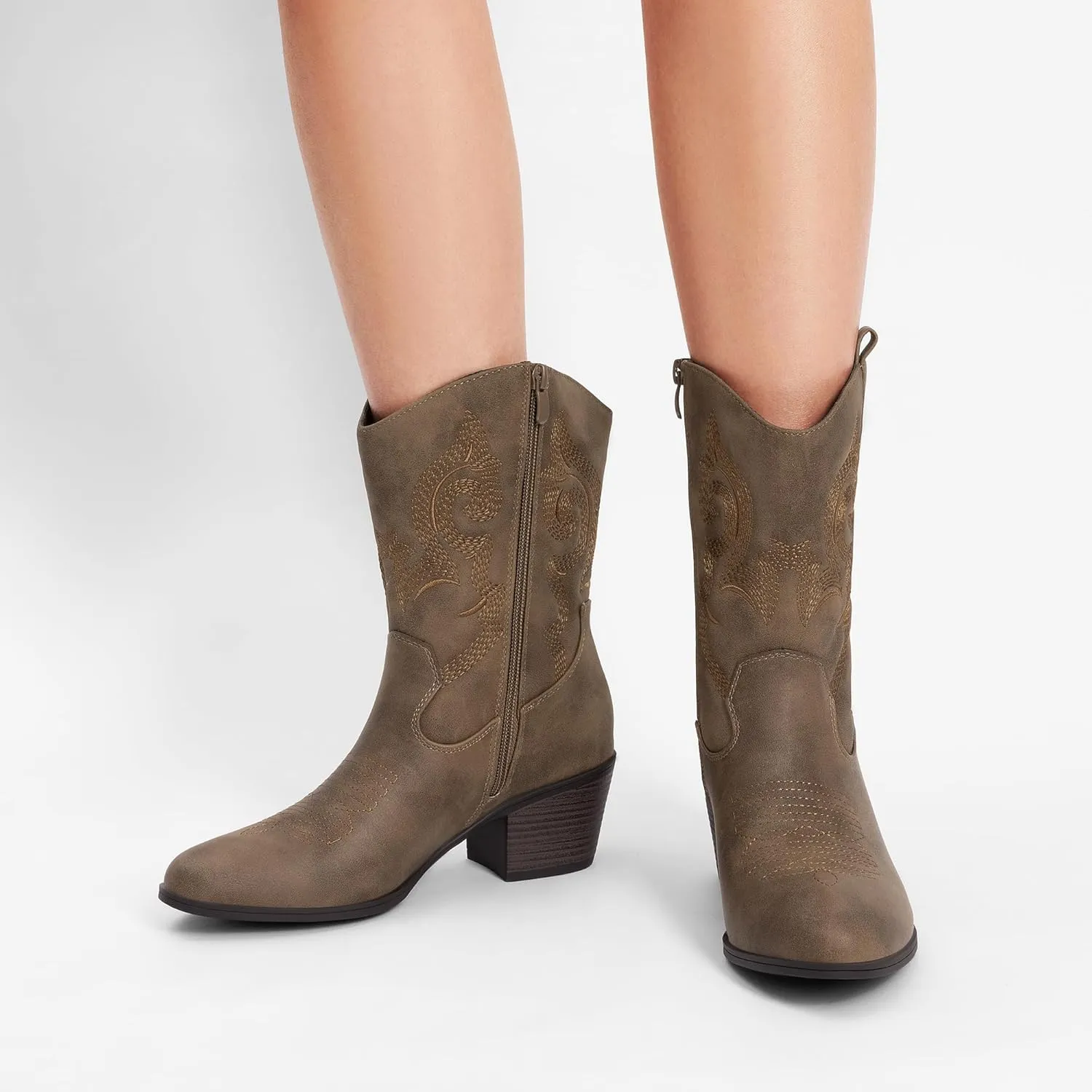 DREAM PAIRS Cowboy Boots for Women, Mid Calf Cowgirl Boots with Embroidery Round Toe Western Chunky Low Heel Shoes