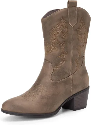 DREAM PAIRS Cowboy Boots for Women, Mid Calf Cowgirl Boots with Embroidery Round Toe Western Chunky Low Heel Shoes
