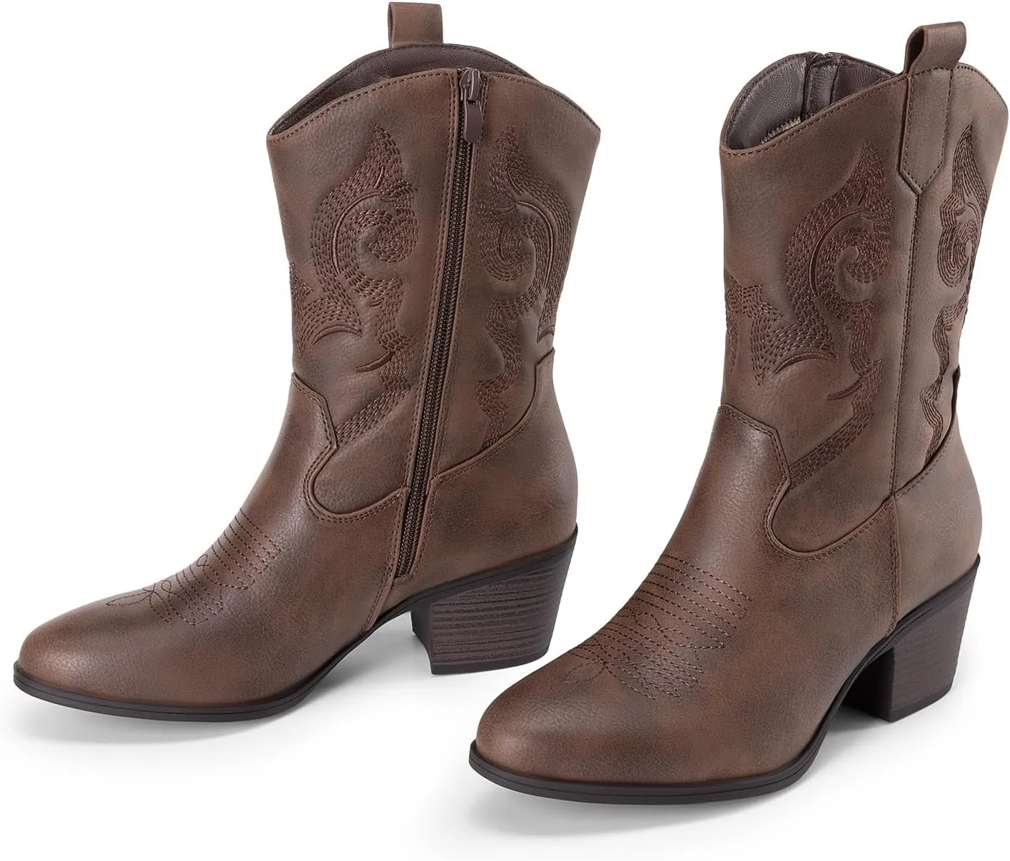 DREAM PAIRS Cowboy Boots for Women, Mid Calf Cowgirl Boots with Embroidery Round Toe Western Chunky Low Heel Shoes