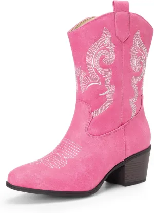 DREAM PAIRS Cowboy Boots for Women, Mid Calf Cowgirl Boots with Embroidery Round Toe Western Chunky Low Heel Shoes