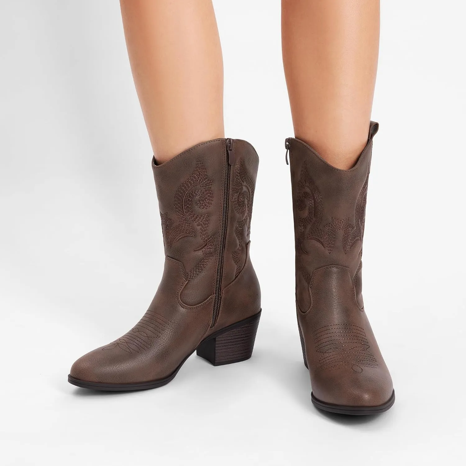 DREAM PAIRS Cowboy Boots for Women, Mid Calf Cowgirl Boots with Embroidery Round Toe Western Chunky Low Heel Shoes