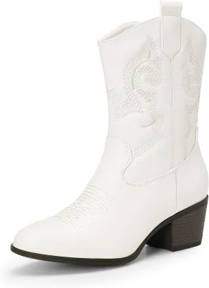 DREAM PAIRS Cowboy Boots for Women, Mid Calf Cowgirl Boots with Embroidery Round Toe Western Chunky Low Heel Shoes