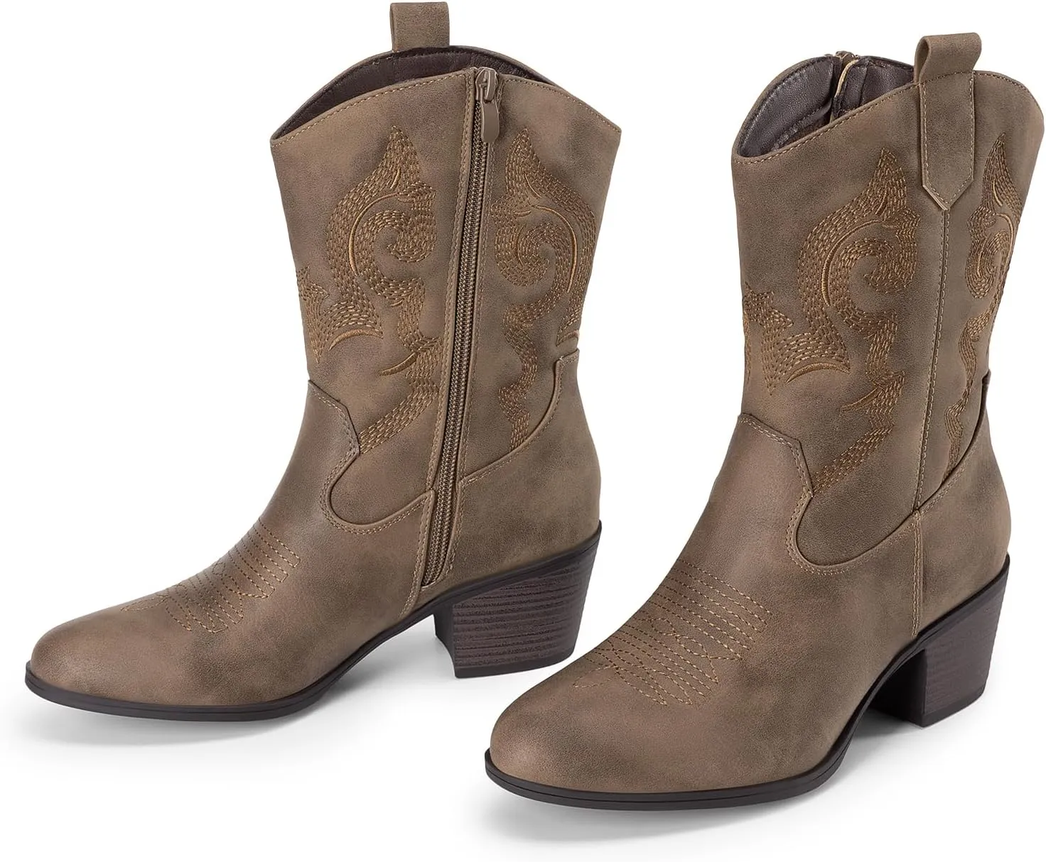 DREAM PAIRS Cowboy Boots for Women, Mid Calf Cowgirl Boots with Embroidery Round Toe Western Chunky Low Heel Shoes