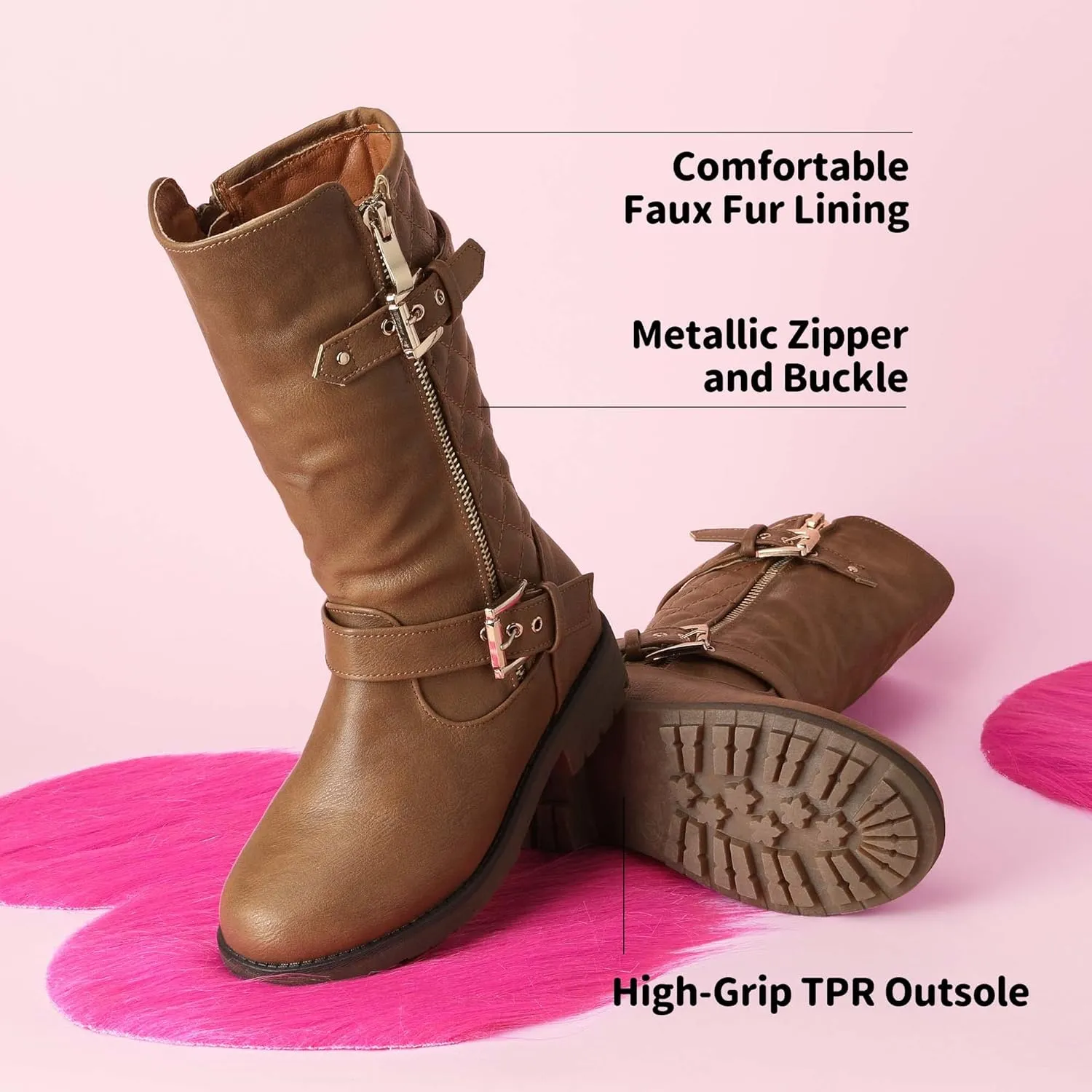 DREAM PAIRS Girls Knee High Winter Motorcycle Riding Boots