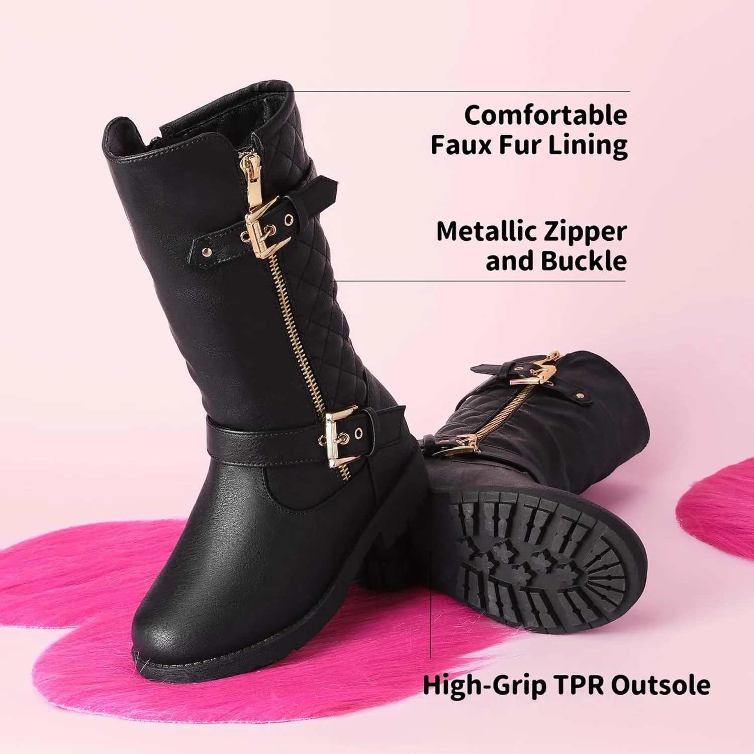DREAM PAIRS Girls Knee High Winter Motorcycle Riding Boots