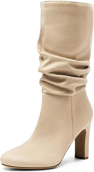 DREAM PAIRS Slouch Boots for Women Mid Calf, Women's Fashion Almond Toe High Heel Fall Winter Dressy Boots