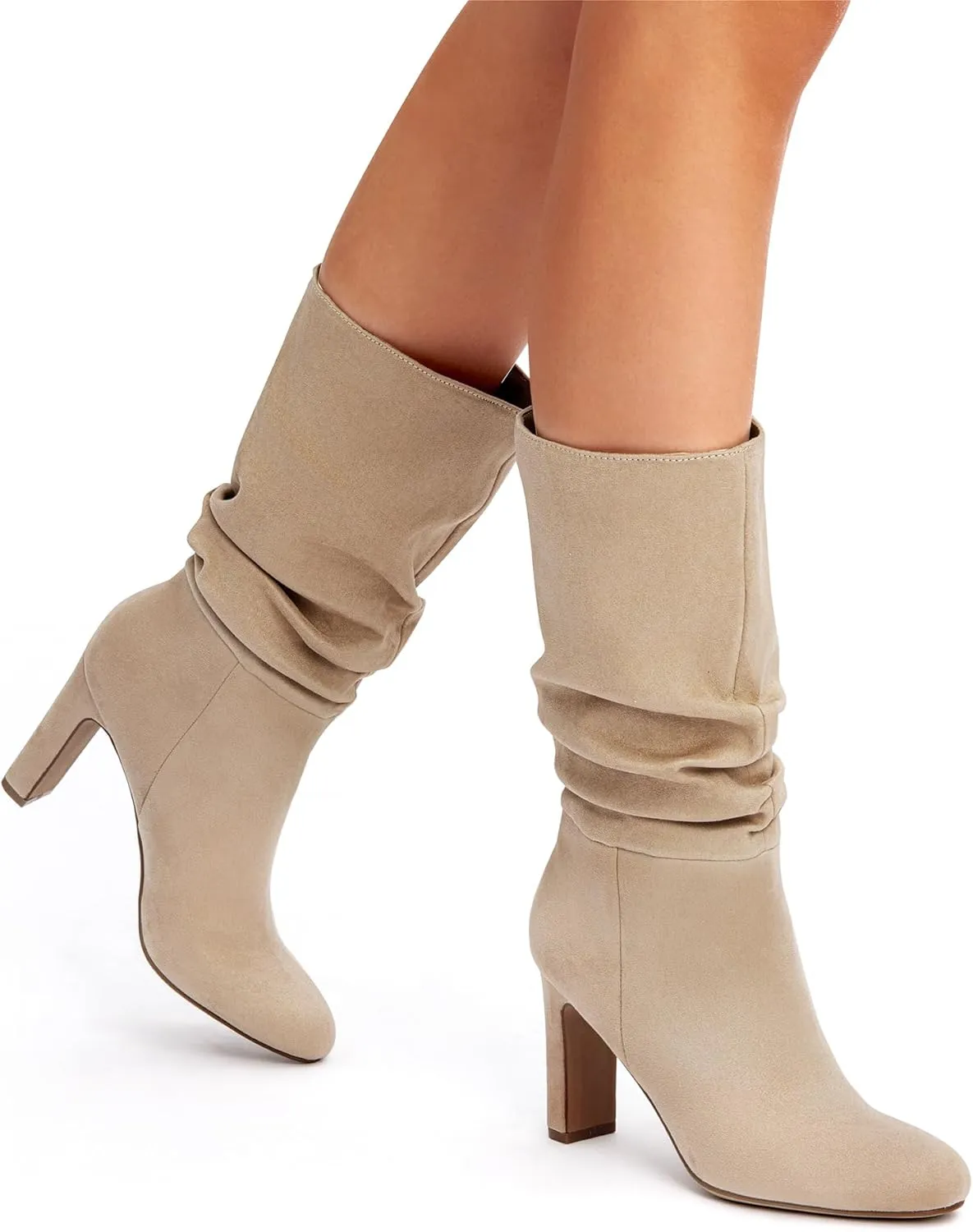 DREAM PAIRS Slouch Boots for Women Mid Calf, Women's Fashion Almond Toe High Heel Fall Winter Dressy Boots