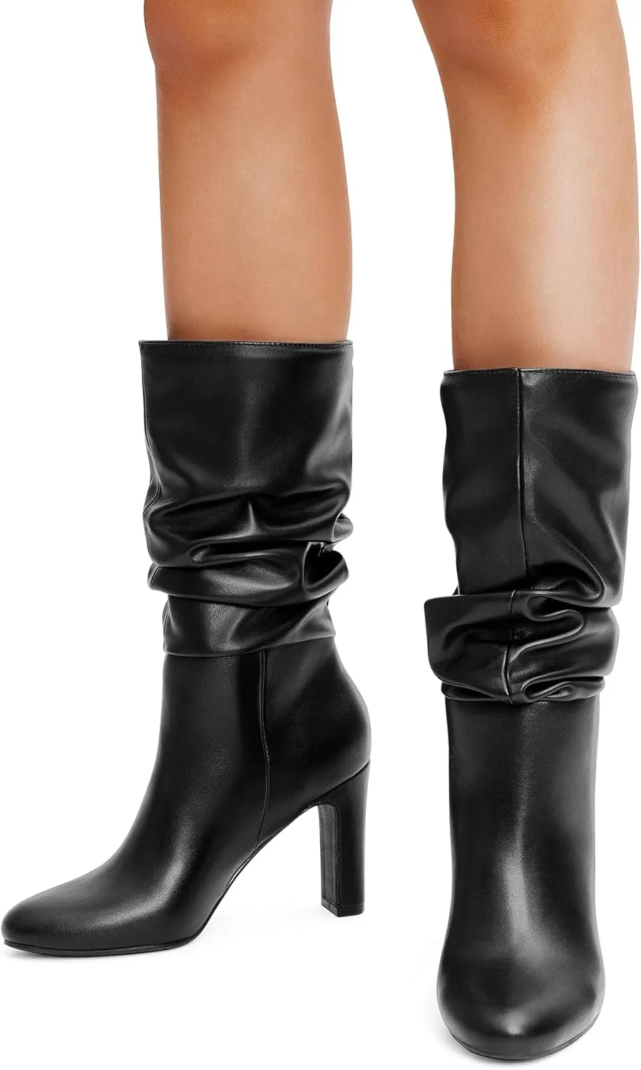 DREAM PAIRS Slouch Boots for Women Mid Calf, Women's Fashion Almond Toe High Heel Fall Winter Dressy Boots