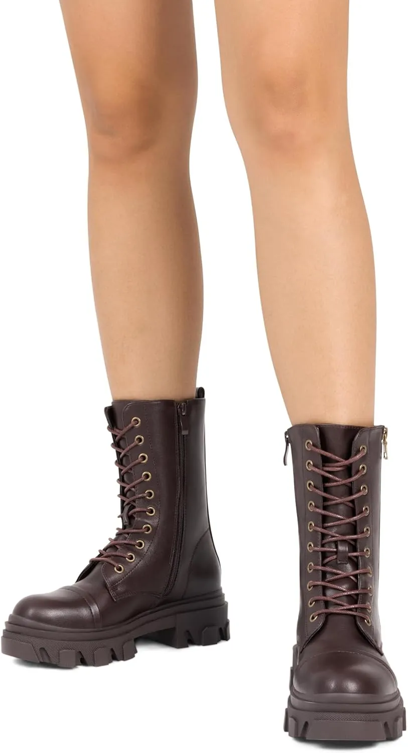 DREAM PAIRS Women’s Combat Boots Lace up Mid Calf Boots Low Heel Chunky Platform Lug Sole Boots