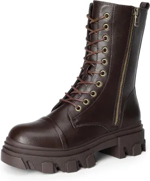DREAM PAIRS Women’s Combat Boots Lace up Mid Calf Boots Low Heel Chunky Platform Lug Sole Boots