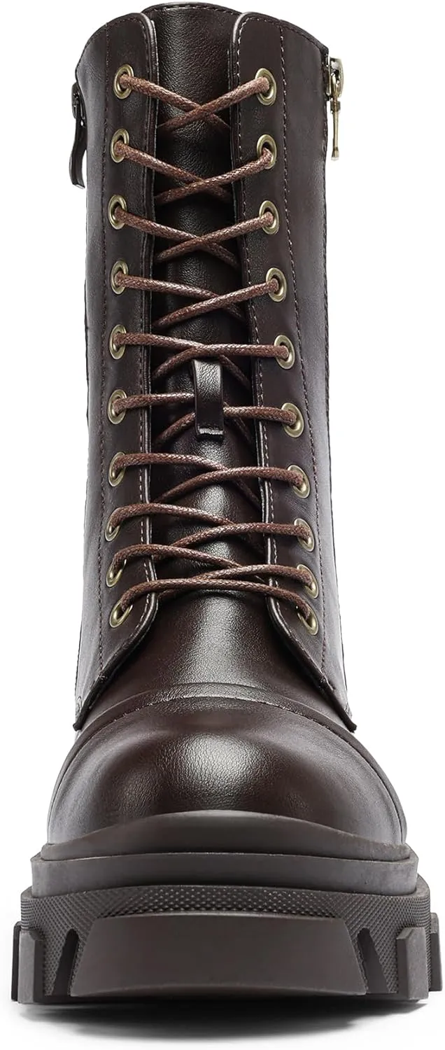 DREAM PAIRS Women’s Combat Boots Lace up Mid Calf Boots Low Heel Chunky Platform Lug Sole Boots