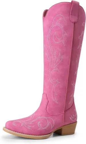 DREAM PAIRS Womens Cowboy Boots Comfortable Cowgirl Knee High Boots Pull On Side Zipper Chunky Heel Embroidered Western Boots