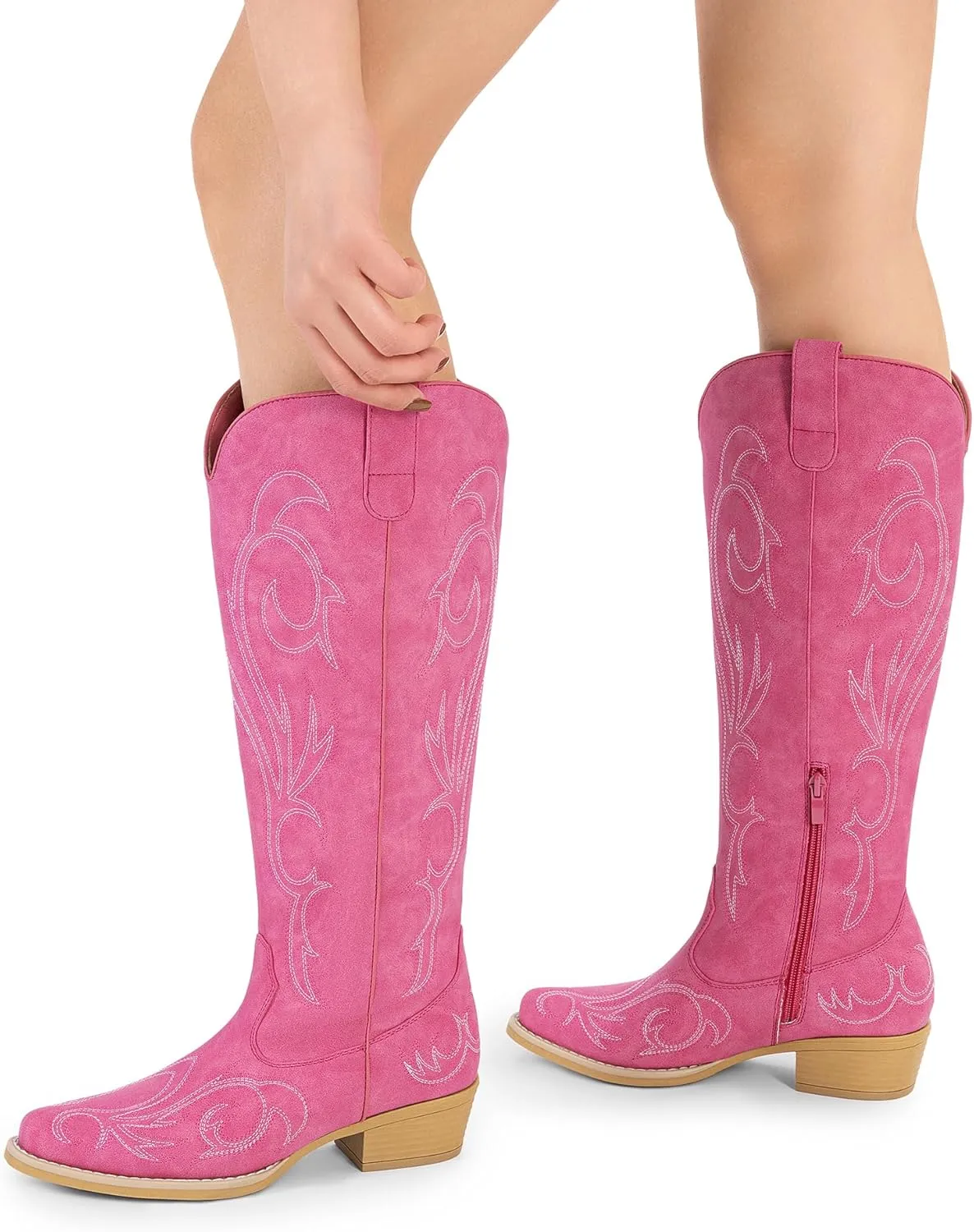 DREAM PAIRS Womens Cowboy Boots Comfortable Cowgirl Knee High Boots Pull On Side Zipper Chunky Heel Embroidered Western Boots