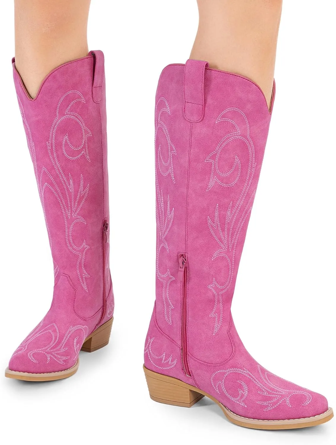 DREAM PAIRS Womens Cowboy Boots Comfortable Cowgirl Knee High Boots Pull On Side Zipper Chunky Heel Embroidered Western Boots