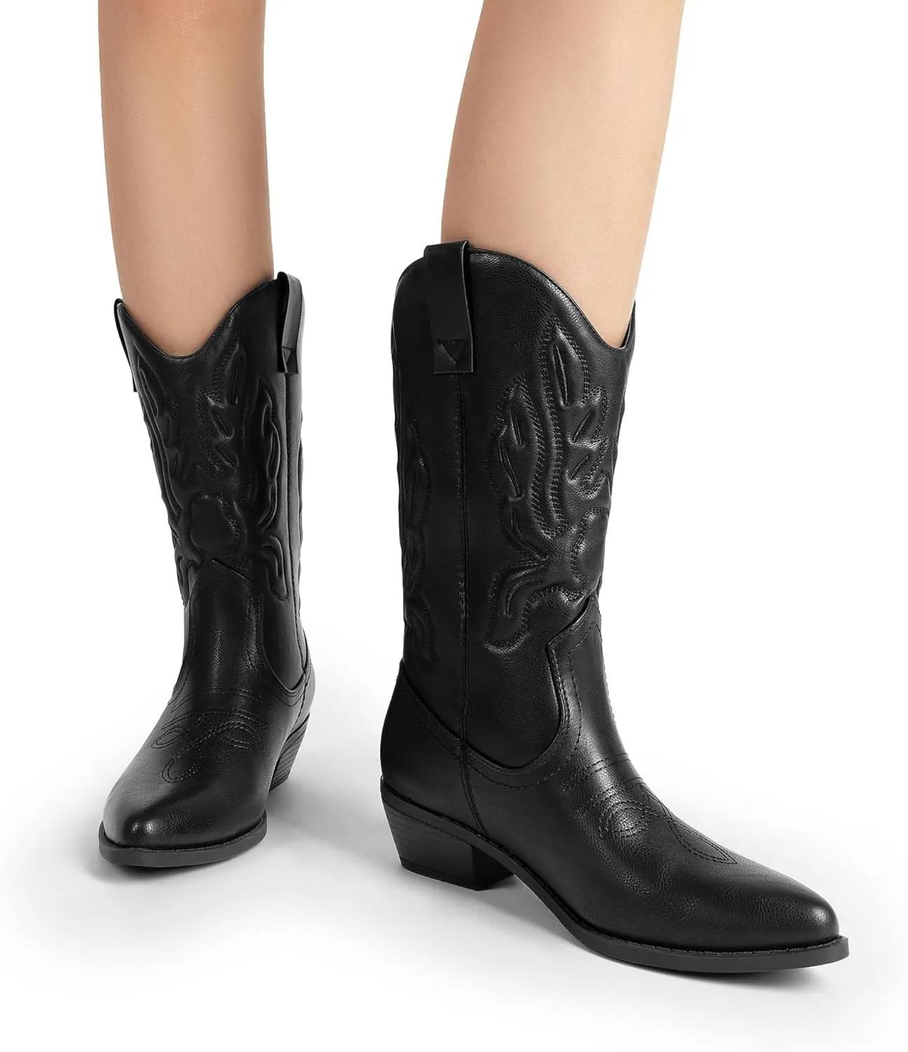 DREAM PAIRS Women's Cowboy Boots Mid Calf Cowgirl Boots Embroidery Stitched Western Boots