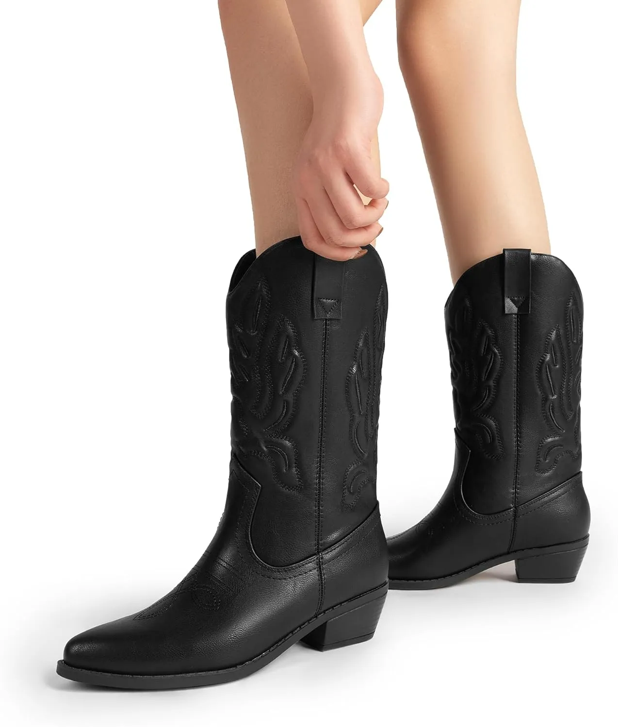 DREAM PAIRS Women's Cowboy Boots Mid Calf Cowgirl Boots Embroidery Stitched Western Boots