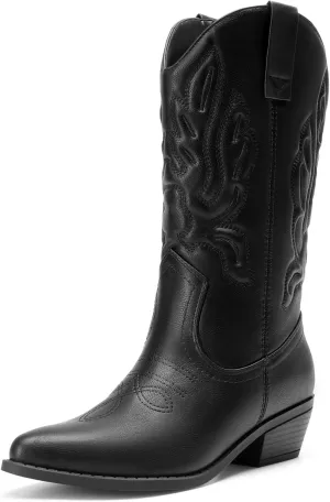 DREAM PAIRS Women's Cowboy Boots Mid Calf Cowgirl Boots Embroidery Stitched Western Boots