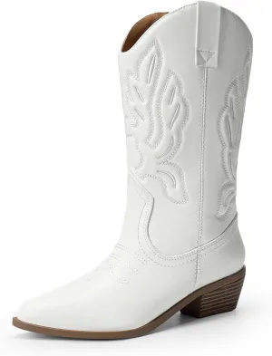 DREAM PAIRS Women's Cowboy Boots Mid Calf Cowgirl Boots Embroidery Stitched Western Boots