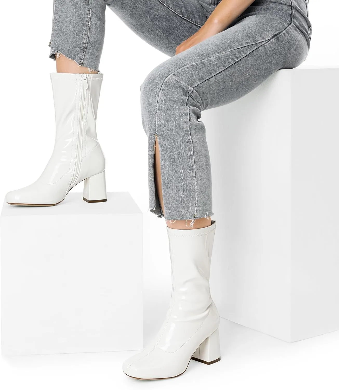 DREAM PAIRS Women's Gogo Boots Mid Calf Low Block Heel Boots Zipper Square Toe Ankle Boots For Party Cosplay Dance