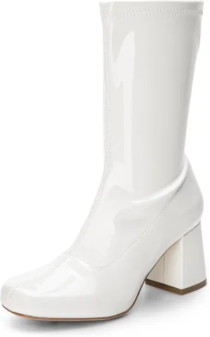 DREAM PAIRS Women's Gogo Boots Mid Calf Low Block Heel Boots Zipper Square Toe Ankle Boots For Party Cosplay Dance