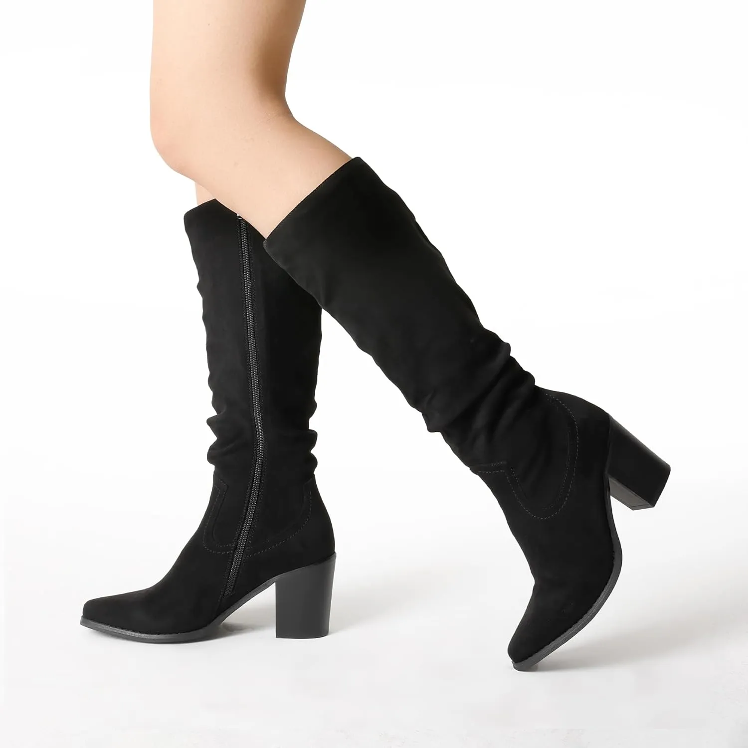 DREAM PAIRS Women's Knee-High Boots, Comfortable Chunky Block Heel Pointed Toe Pull On Side Zipper Suede Slouch Riding Boots