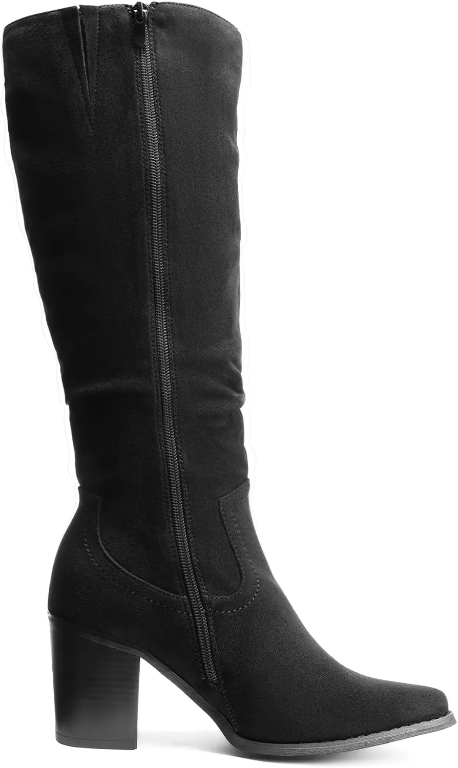 DREAM PAIRS Women's Knee-High Boots, Comfortable Chunky Block Heel Pointed Toe Pull On Side Zipper Suede Slouch Riding Boots