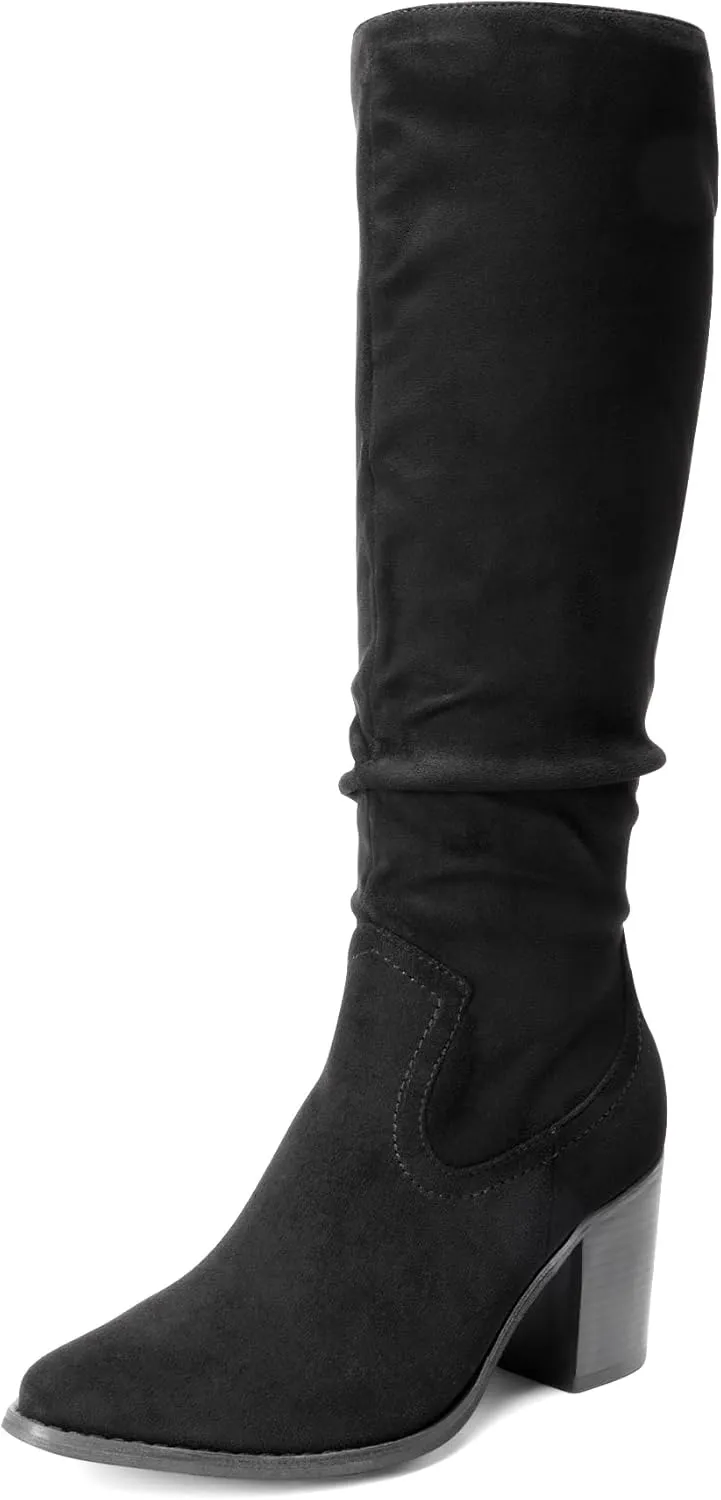 DREAM PAIRS Women's Knee-High Boots, Comfortable Chunky Block Heel Pointed Toe Pull On Side Zipper Suede Slouch Riding Boots