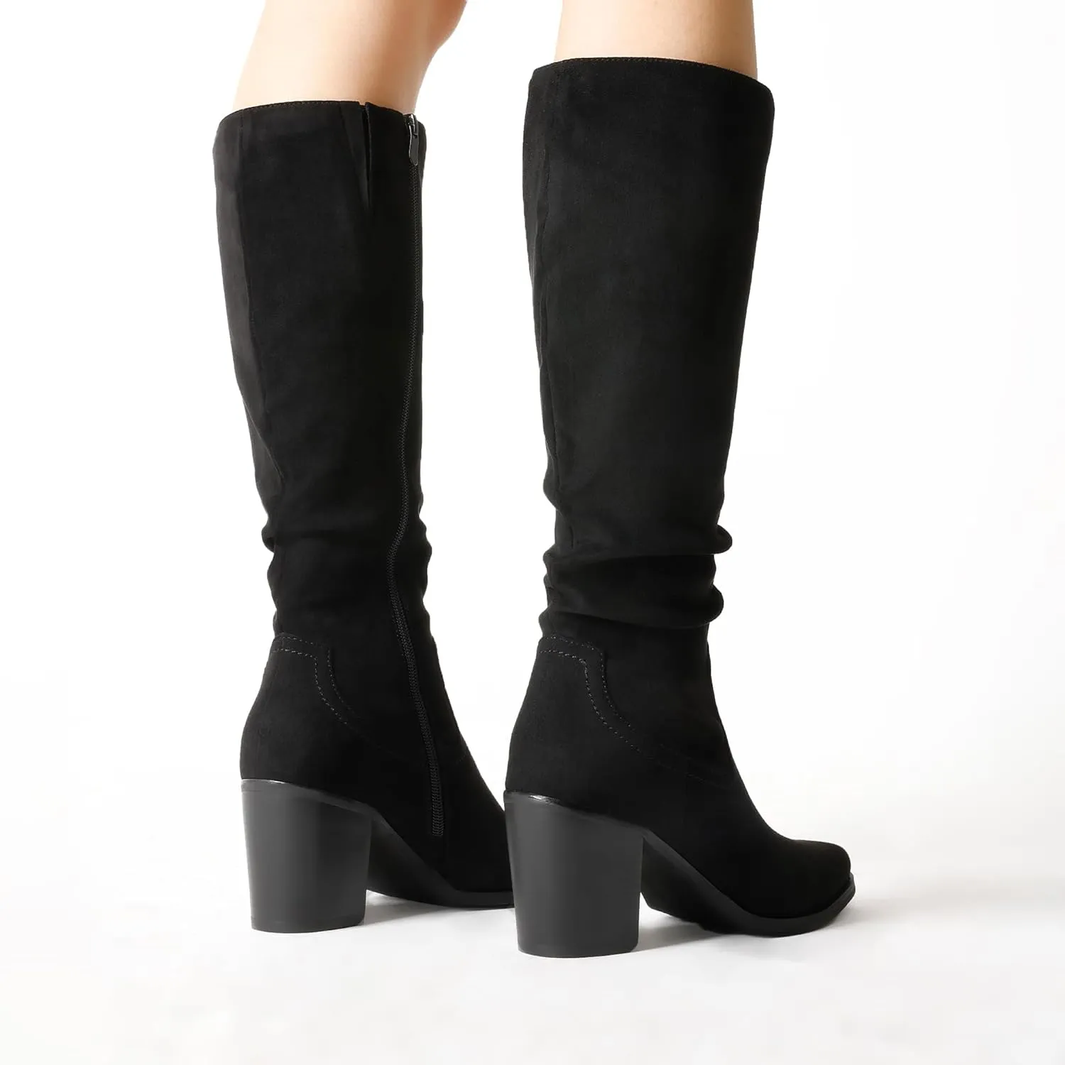 DREAM PAIRS Women's Knee-High Boots, Comfortable Chunky Block Heel Pointed Toe Pull On Side Zipper Suede Slouch Riding Boots