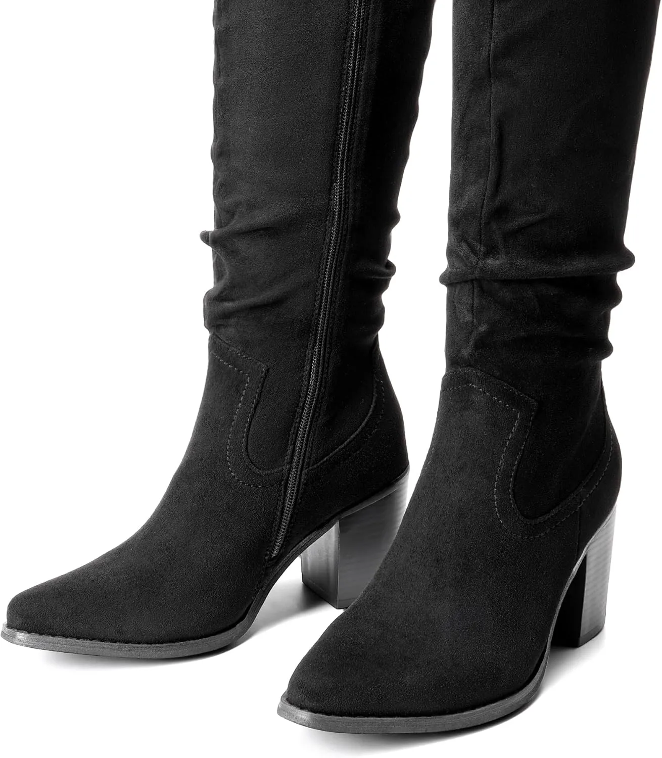 DREAM PAIRS Women's Knee-High Boots, Comfortable Chunky Block Heel Pointed Toe Pull On Side Zipper Suede Slouch Riding Boots