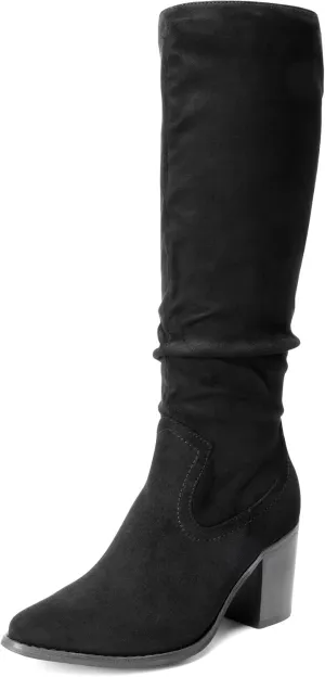 DREAM PAIRS Women's Knee-High Boots, Comfortable Chunky Block Heel Pointed Toe Pull On Side Zipper Suede Slouch Riding Boots