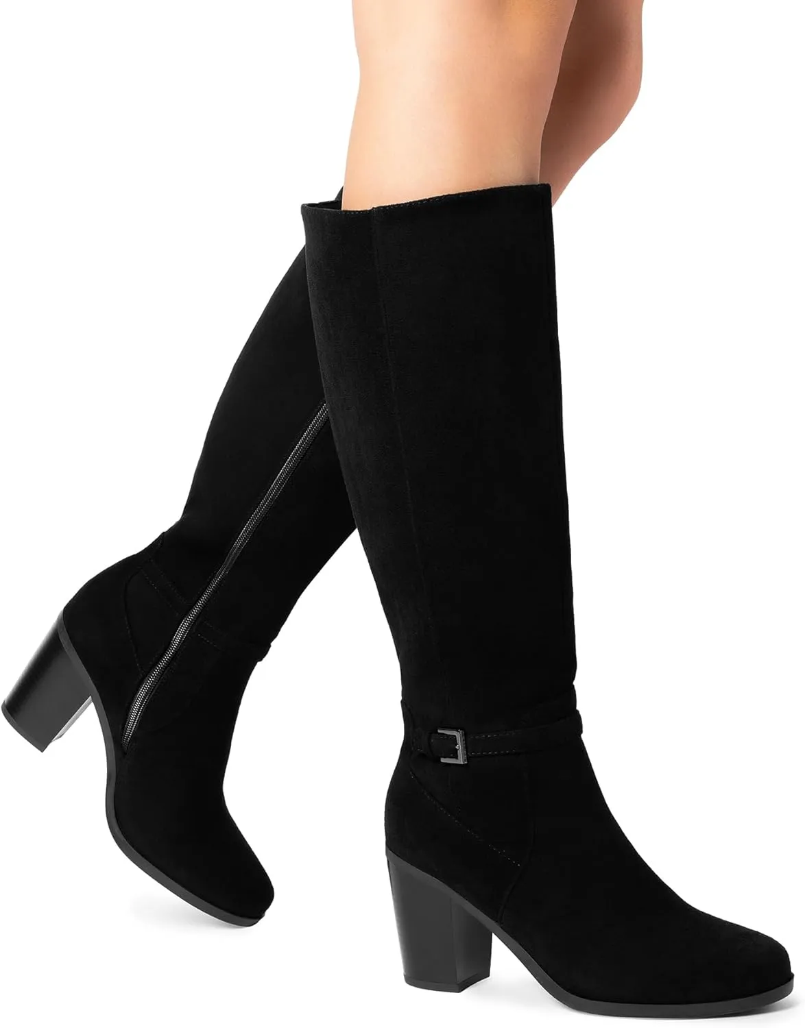 DREAM PAIRS Women's Knee-High Boots Comfortable Chunky Block Heel Riding Boots Fall Boots Pointed Toe Side Zipper Suede Tall Boots