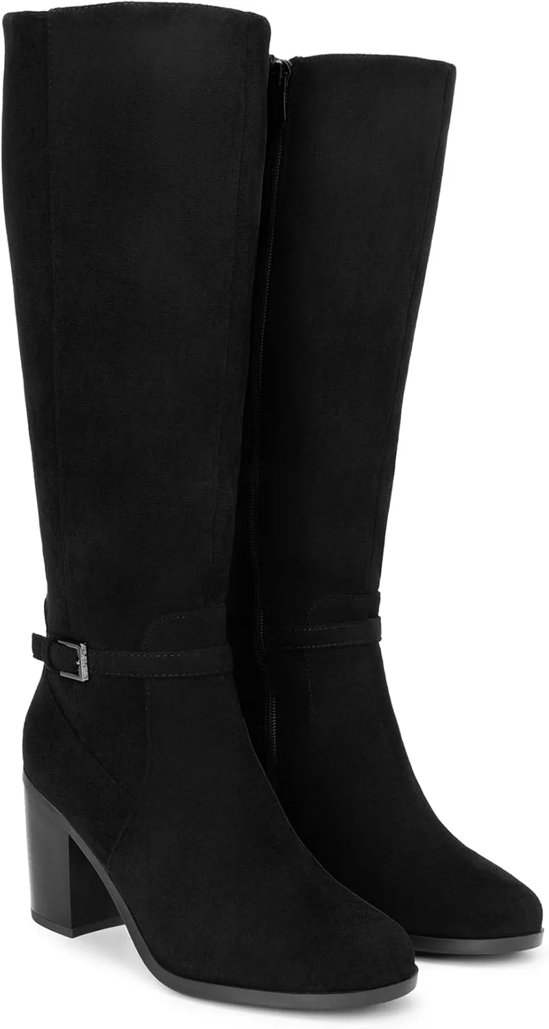 DREAM PAIRS Women's Knee-High Boots Comfortable Chunky Block Heel Riding Boots Fall Boots Pointed Toe Side Zipper Suede Tall Boots