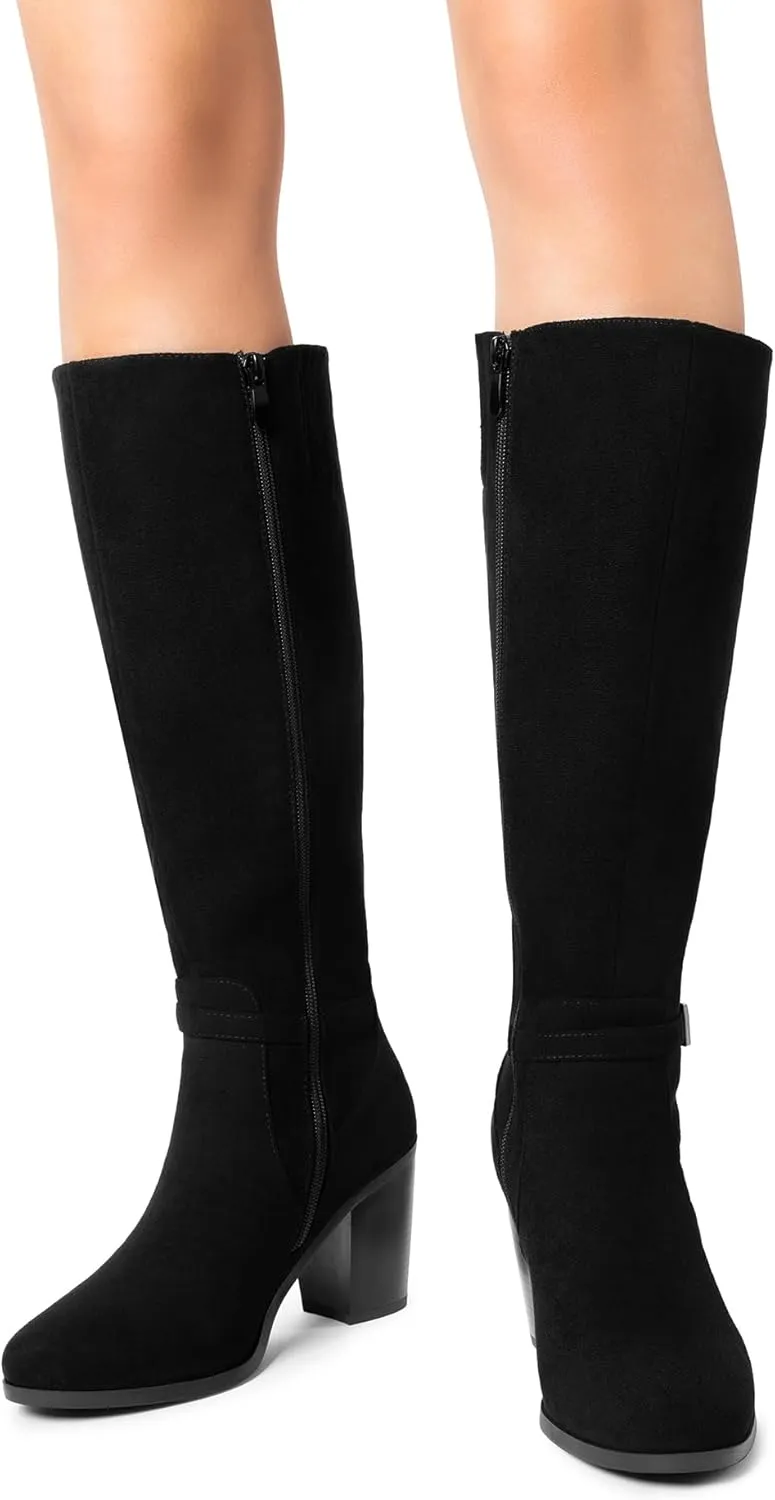 DREAM PAIRS Women's Knee-High Boots Comfortable Chunky Block Heel Riding Boots Fall Boots Pointed Toe Side Zipper Suede Tall Boots