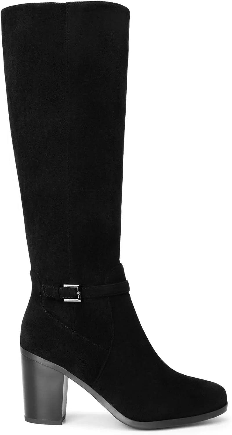 DREAM PAIRS Women's Knee-High Boots Comfortable Chunky Block Heel Riding Boots Fall Boots Pointed Toe Side Zipper Suede Tall Boots