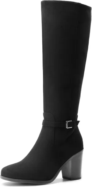 DREAM PAIRS Women's Knee-High Boots Comfortable Chunky Block Heel Riding Boots Fall Boots Pointed Toe Side Zipper Suede Tall Boots