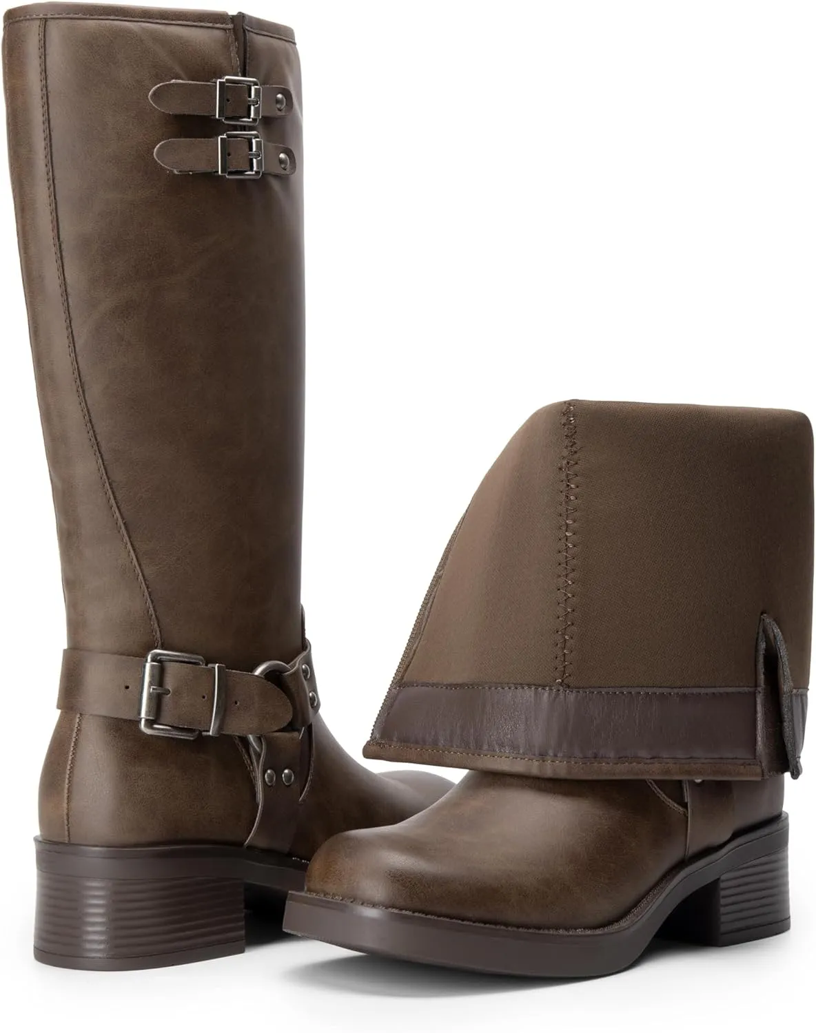 DREAM PAIRS Women's Knee High Boots Side Zipper Motorcycle Boots Square Toe Chunky Low Heel Fashion Buckles Biker Riding Boots