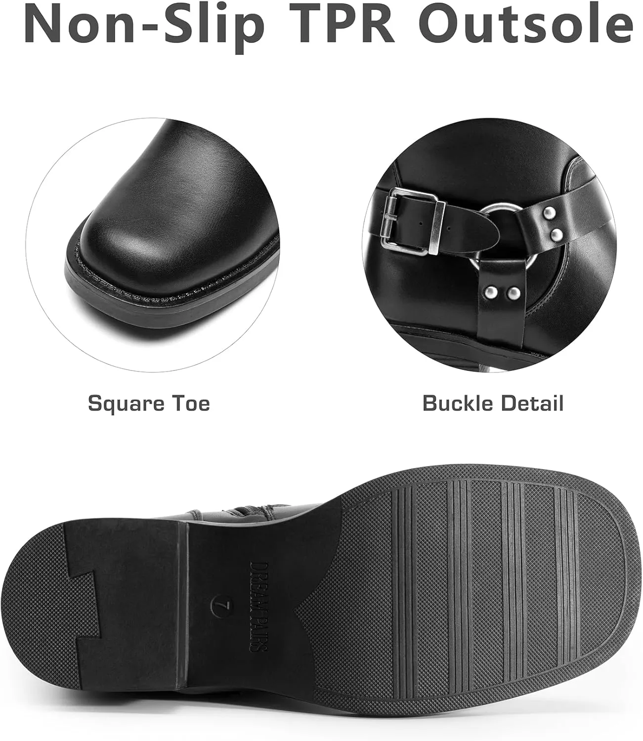 DREAM PAIRS Women's Knee High Boots Side Zipper Motorcycle Boots Square Toe Chunky Low Heel Fashion Buckles Biker Riding Boots