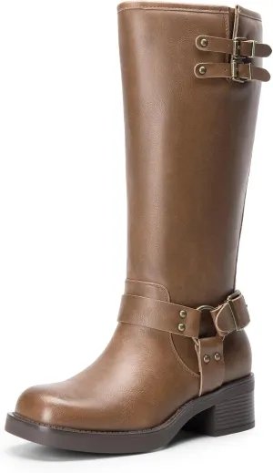 DREAM PAIRS Women's Knee High Boots Side Zipper Motorcycle Boots Square Toe Chunky Low Heel Fashion Buckles Biker Riding Boots