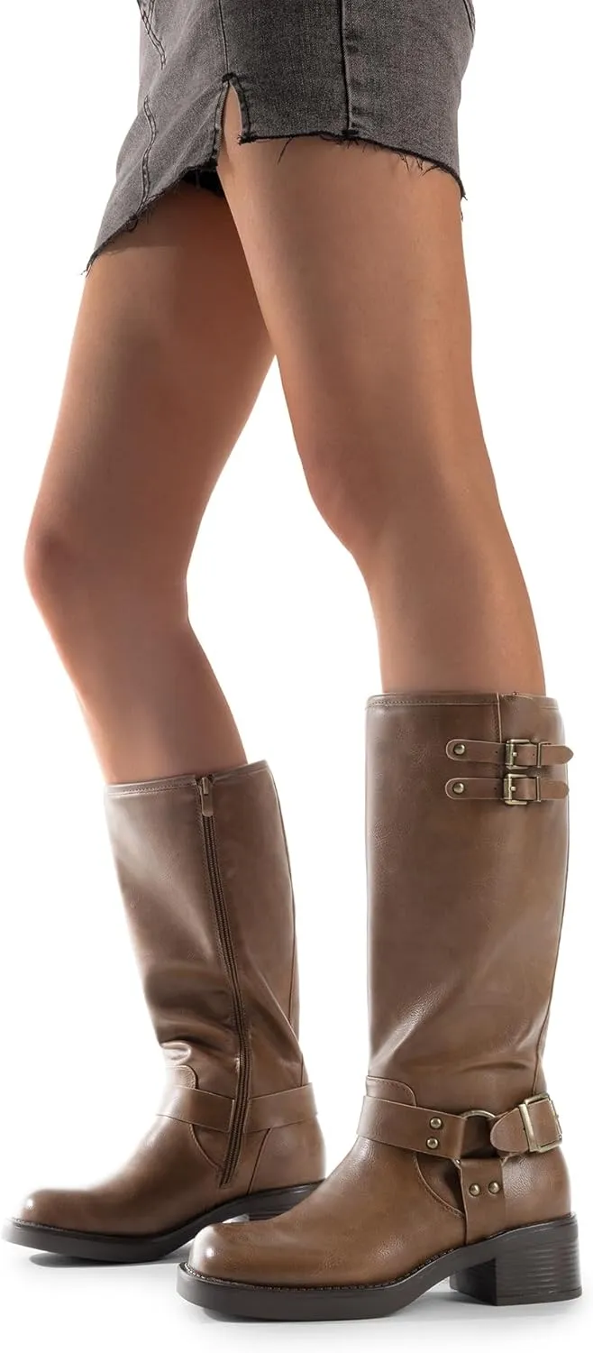 DREAM PAIRS Women's Knee High Boots Side Zipper Motorcycle Boots Square Toe Chunky Low Heel Fashion Buckles Biker Riding Boots