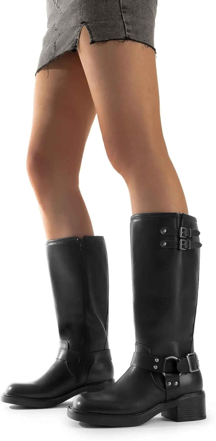 DREAM PAIRS Women's Knee High Boots Side Zipper Motorcycle Boots Square Toe Chunky Low Heel Fashion Buckles Biker Riding Boots