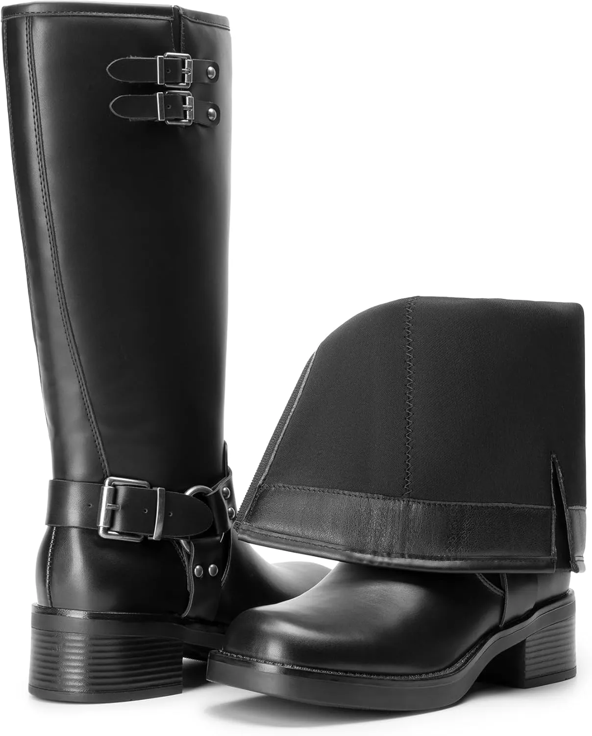 DREAM PAIRS Women's Knee High Boots Side Zipper Motorcycle Boots Square Toe Chunky Low Heel Fashion Buckles Biker Riding Boots