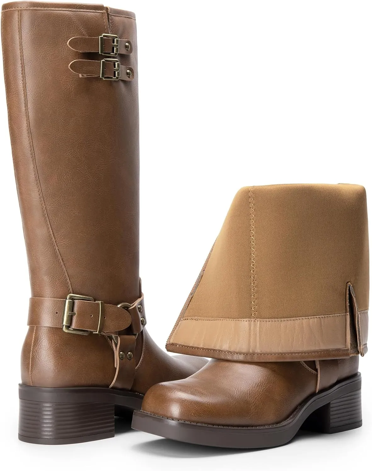 DREAM PAIRS Women's Knee High Boots Side Zipper Motorcycle Boots Square Toe Chunky Low Heel Fashion Buckles Biker Riding Boots