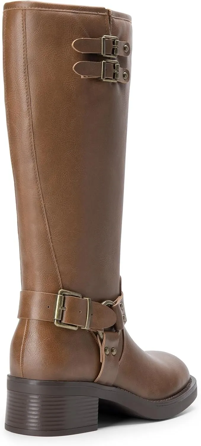 DREAM PAIRS Women's Knee High Boots Side Zipper Motorcycle Boots Square Toe Chunky Low Heel Fashion Buckles Biker Riding Boots