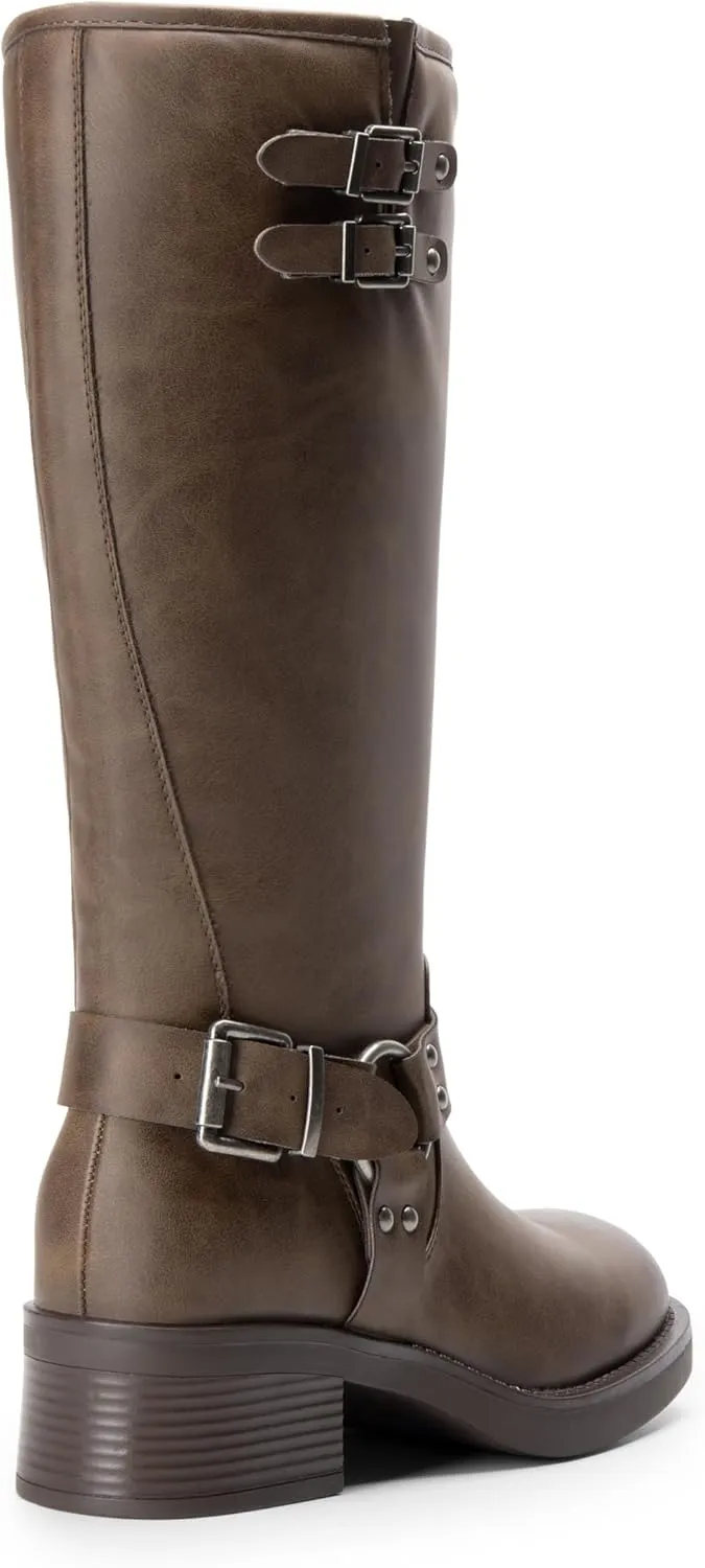 DREAM PAIRS Women's Knee High Boots Side Zipper Motorcycle Boots Square Toe Chunky Low Heel Fashion Buckles Biker Riding Boots