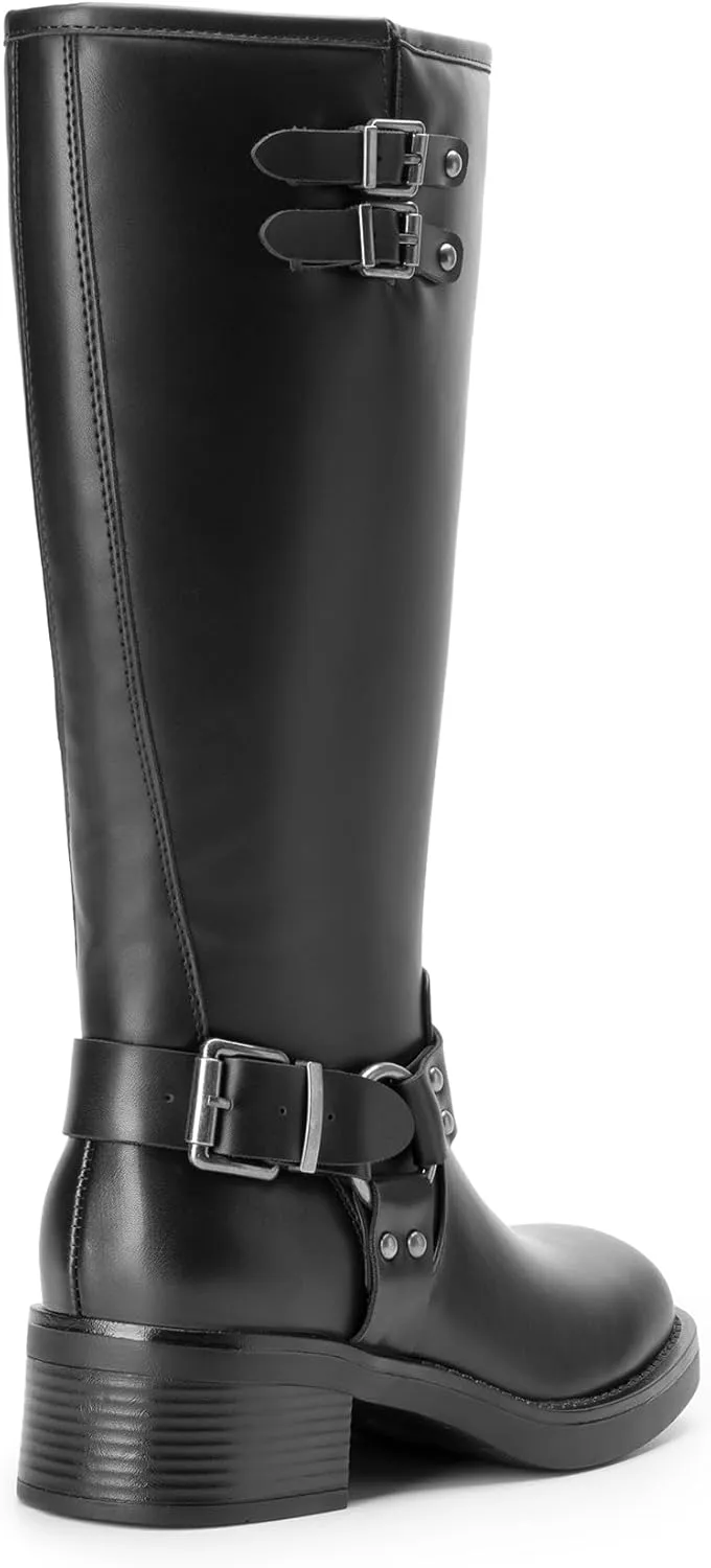 DREAM PAIRS Women's Knee High Boots Side Zipper Motorcycle Boots Square Toe Chunky Low Heel Fashion Buckles Biker Riding Boots