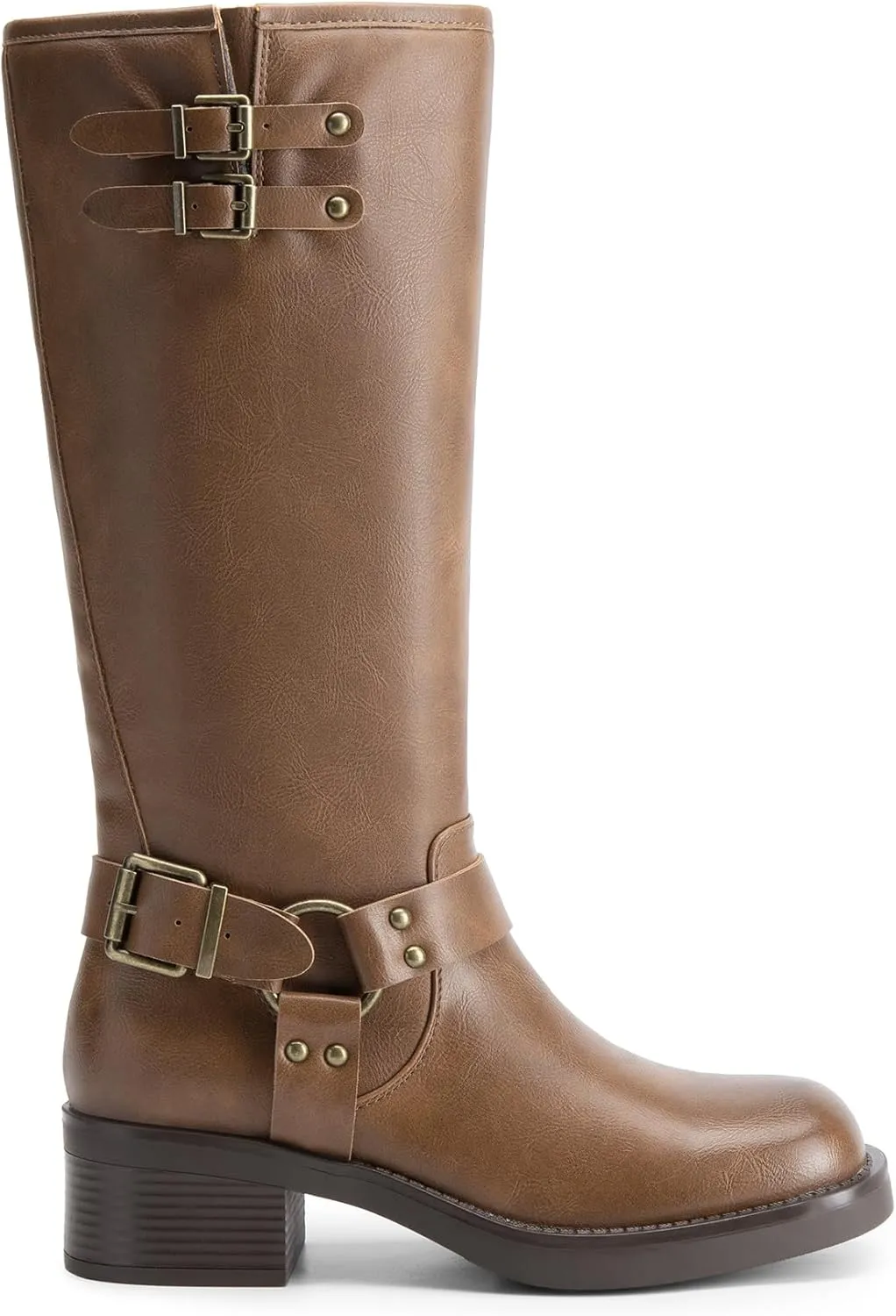 DREAM PAIRS Women's Knee High Boots Side Zipper Motorcycle Boots Square Toe Chunky Low Heel Fashion Buckles Biker Riding Boots