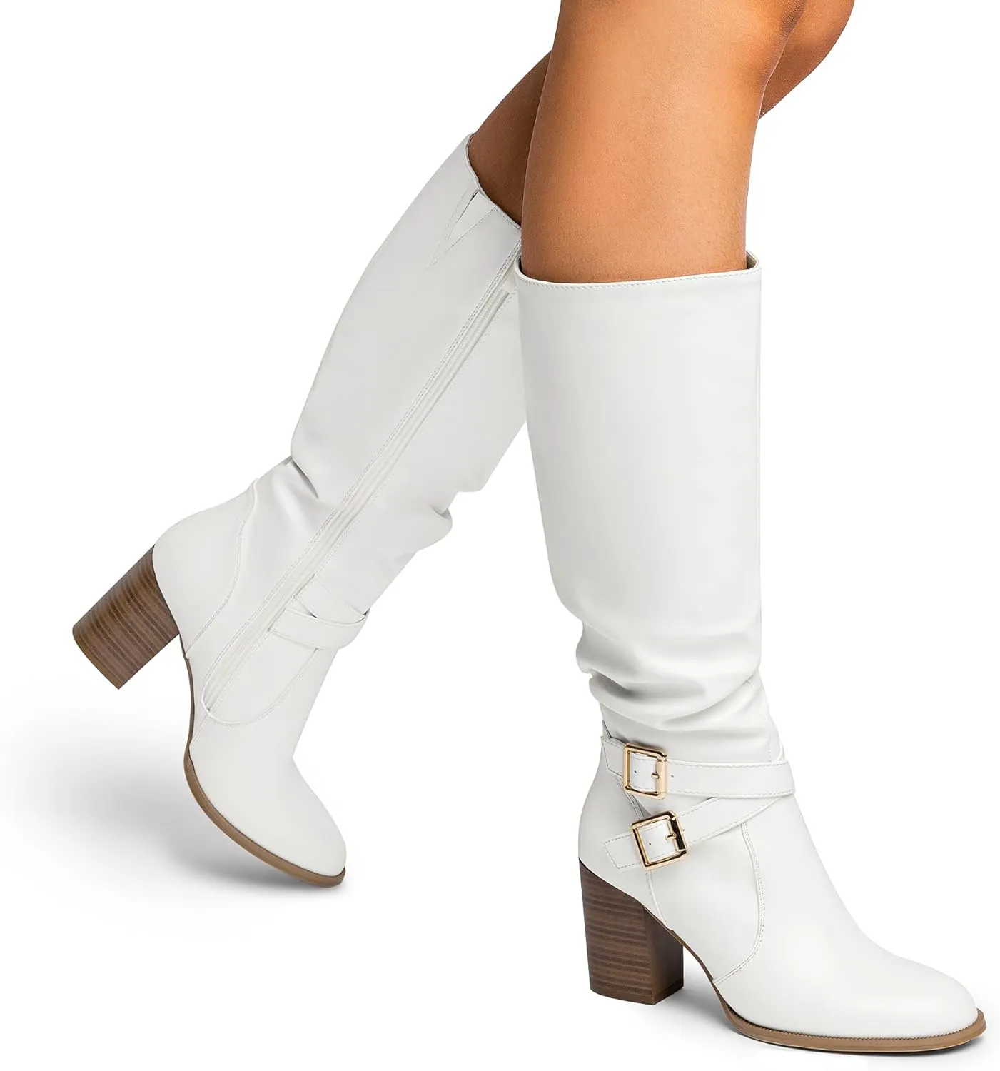 DREAM PAIRS Women's Knee High Boots Slouchy Chunky Heeled Buckle Long Boots for Women Side Zipper Tall Boots