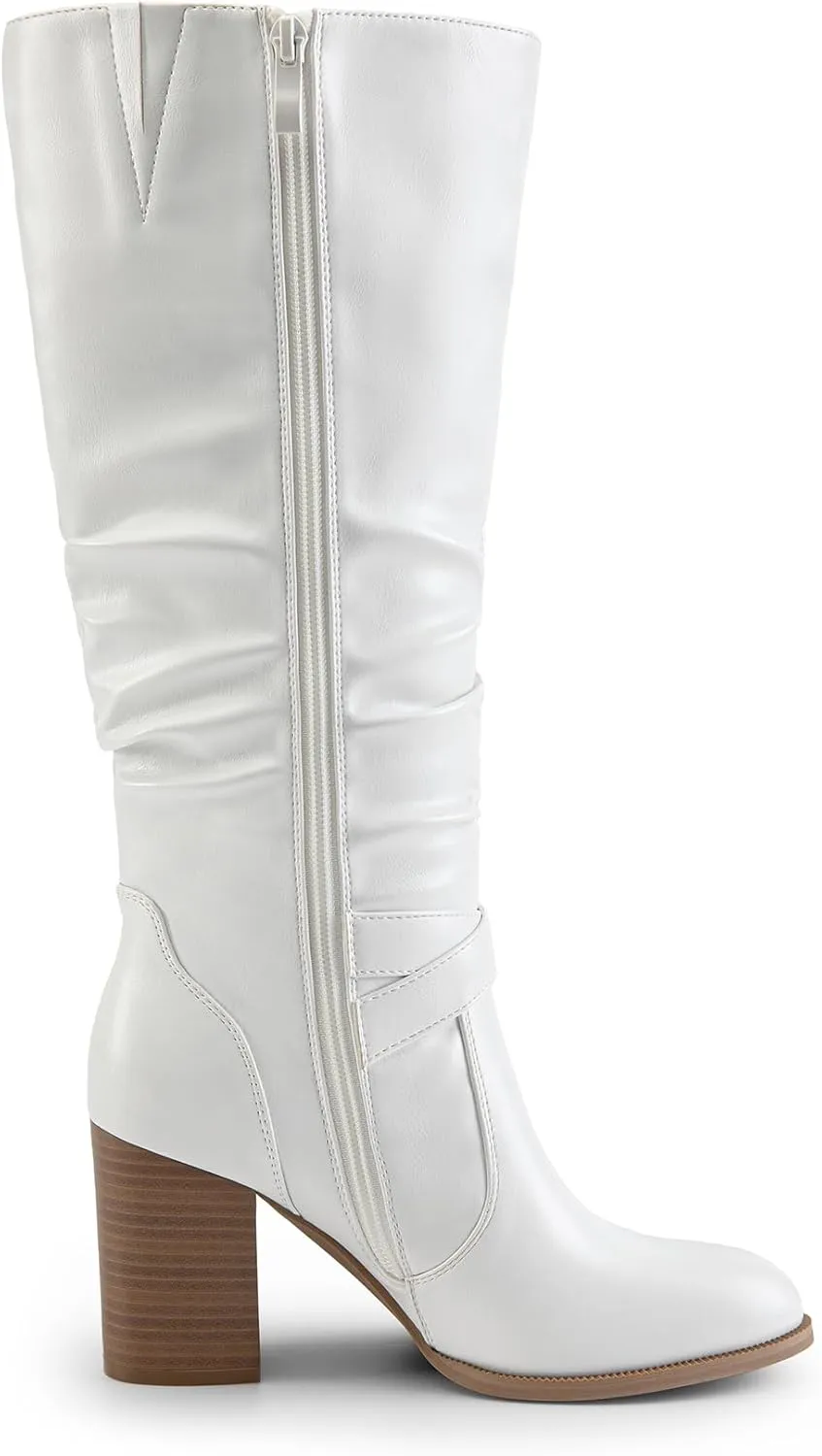 DREAM PAIRS Women's Knee High Boots Slouchy Chunky Heeled Buckle Long Boots for Women Side Zipper Tall Boots