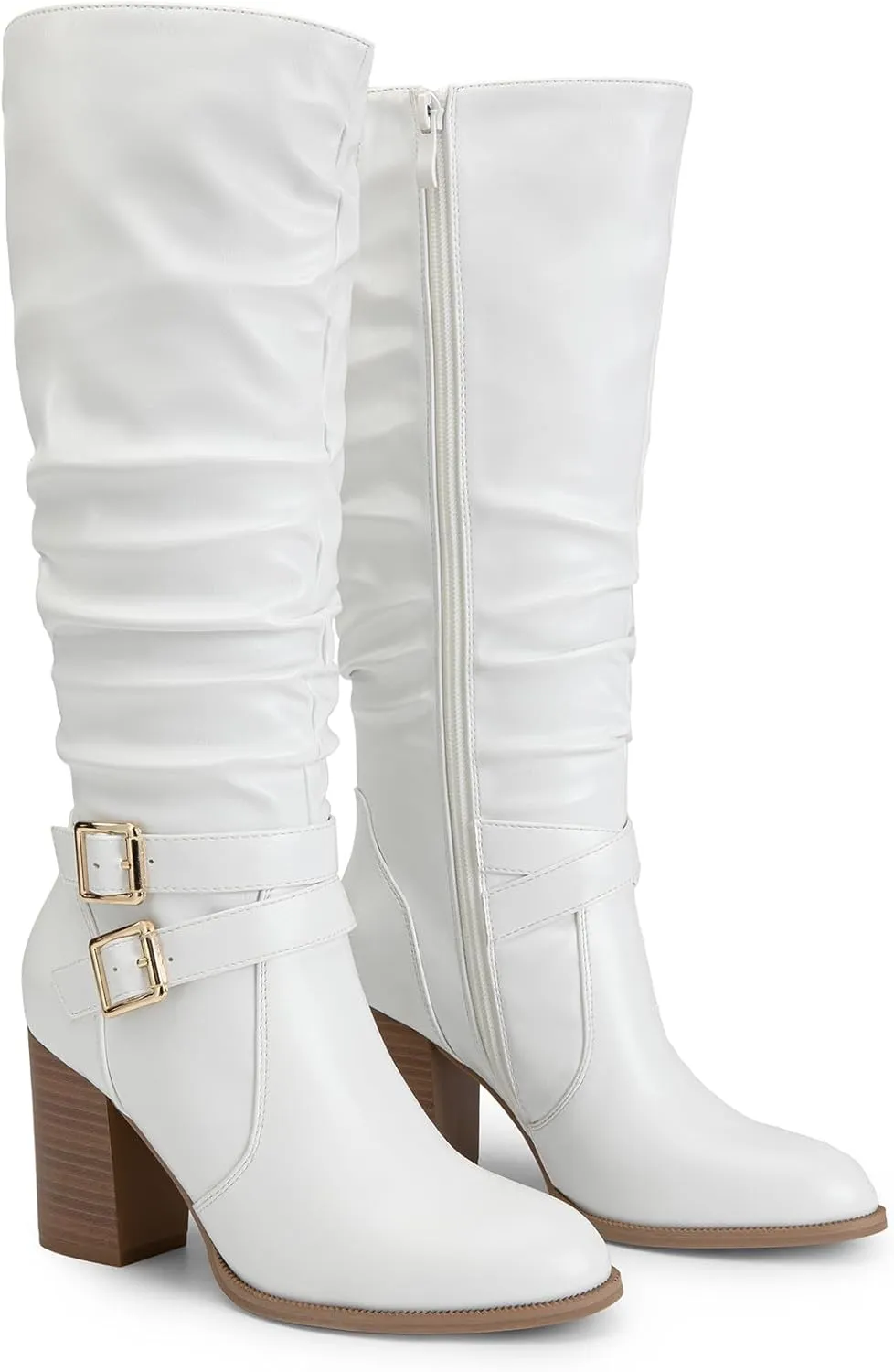 DREAM PAIRS Women's Knee High Boots Slouchy Chunky Heeled Buckle Long Boots for Women Side Zipper Tall Boots