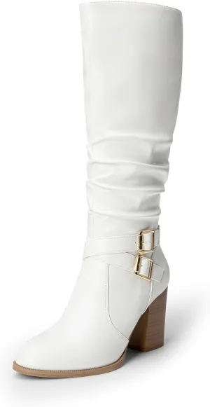 DREAM PAIRS Women's Knee High Boots Slouchy Chunky Heeled Buckle Long Boots for Women Side Zipper Tall Boots